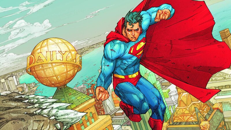 Superman Flying over City — Blue, Dramatic, Afternoon, Comic, Daily Planet Building