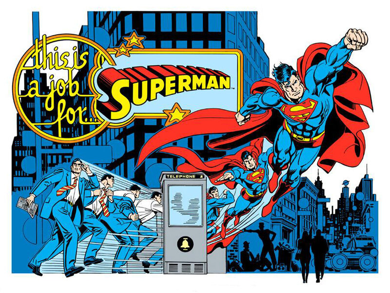 Superman Flying over City — Blue, Dramatic, Afternoon