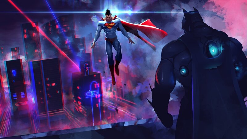 Superman Flying over City — Blue, Dramatic, Night