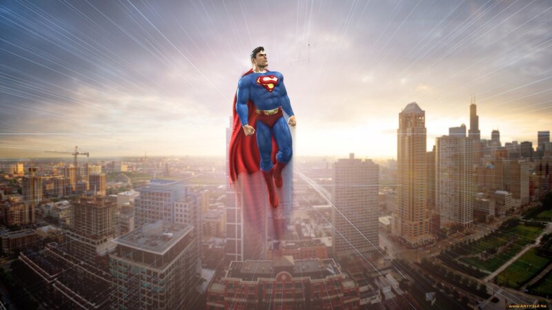 Superman Flying over City — Blue, Dramatic, Sunrise