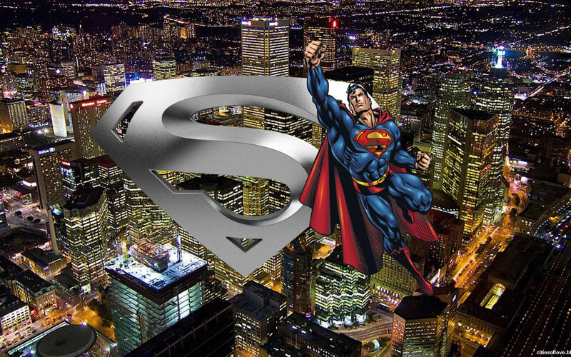 Superman Flying over City — Blue, Dramatic