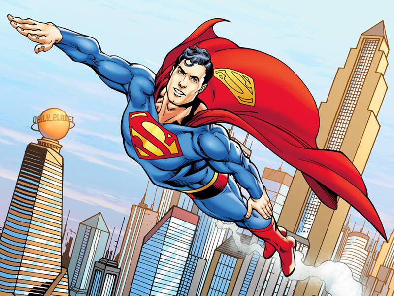 Superman Flying over City — Blue, Heroic, Afternoon