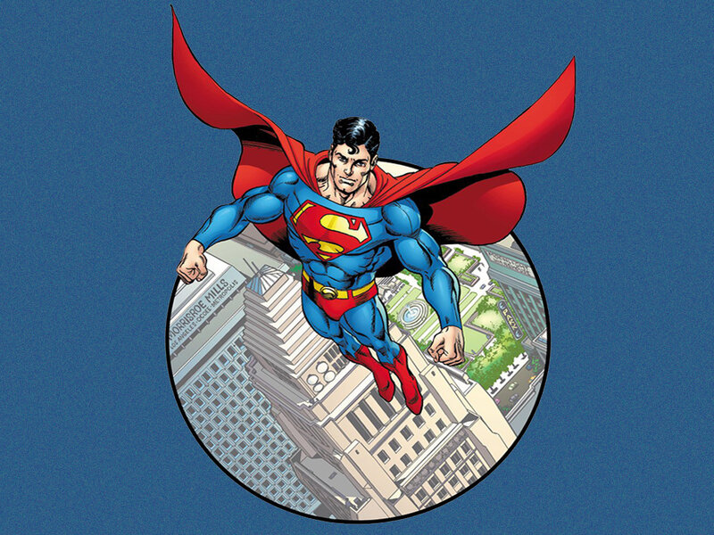 Superman Flying over City — Blue, Heroic
