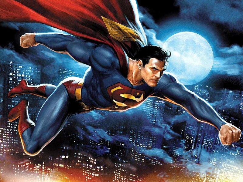 Superman Flying over City — Blue