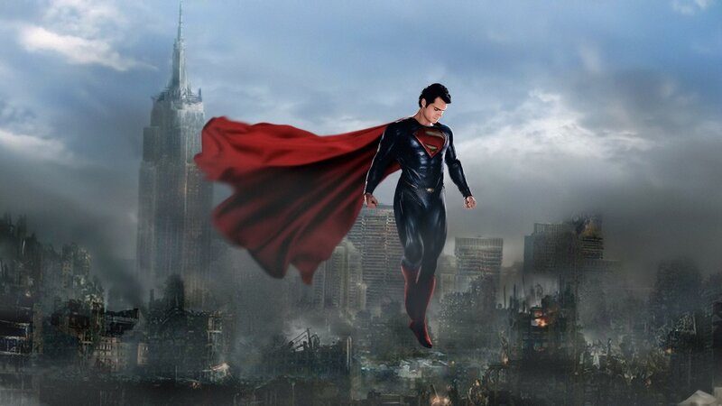 Superman Flying over City — Red, Dramatic, Digital Art, Skyscraper