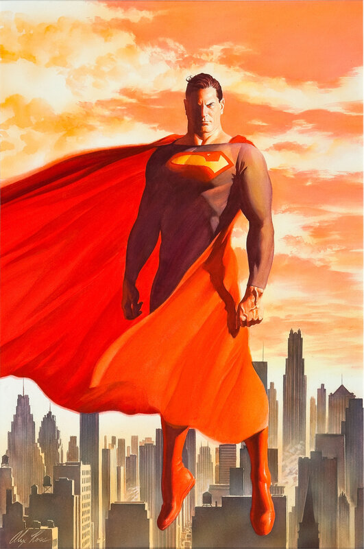 Superman Flying over City — Red, Dramatic