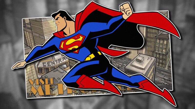 Superman Flying over City — Red, Heroic