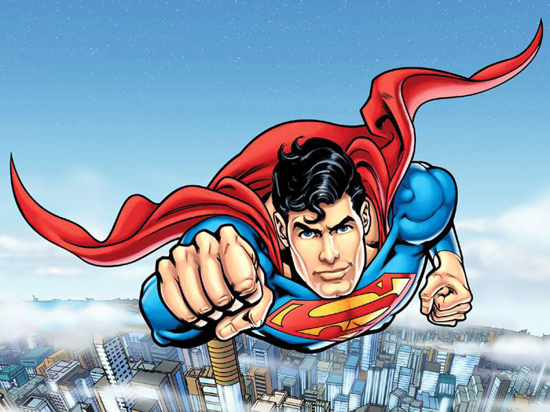 Superman Flying over City — Red