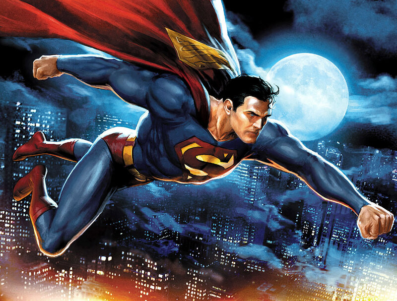 Superman flying over city
