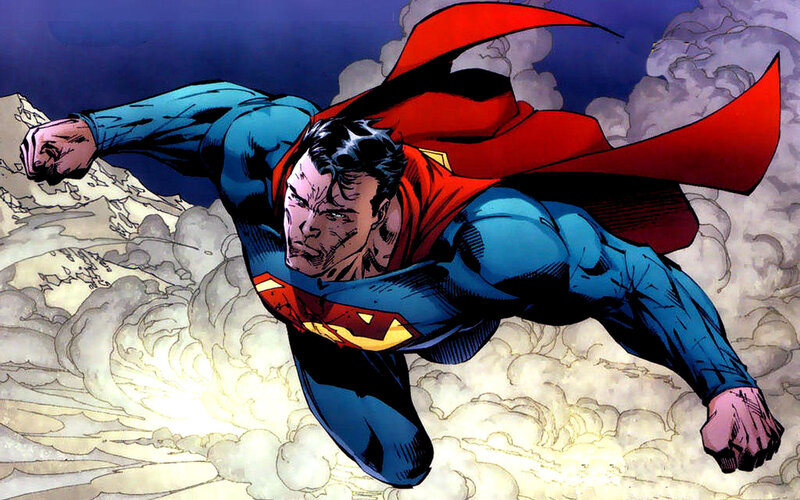 Superman flying through clouds
