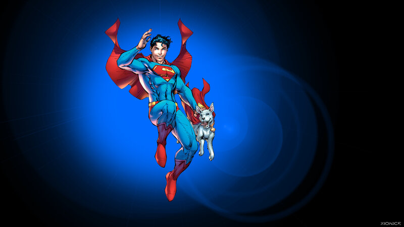 Superman flying with Krypto