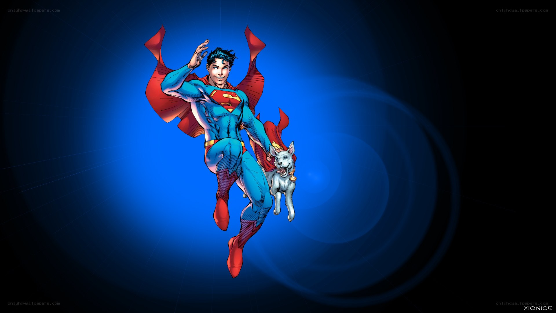 Superman flying with Krypto