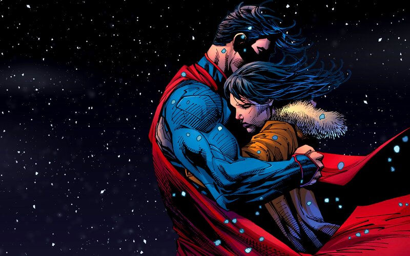 Superman Holding Woman — Blue, Dramatic