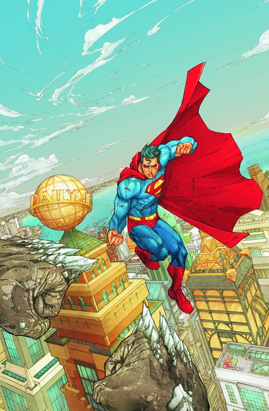 Superman in flight over Metropolis