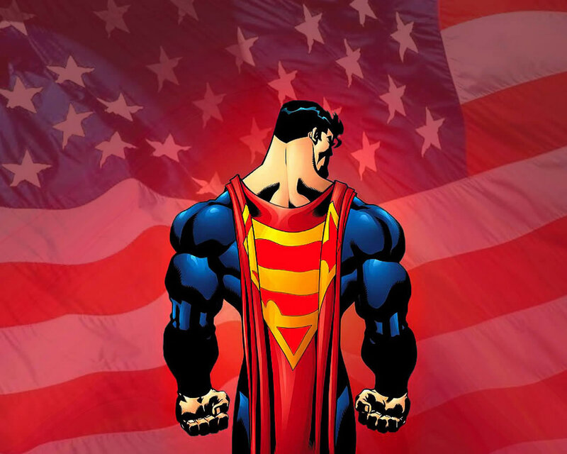 Superman stands before flag