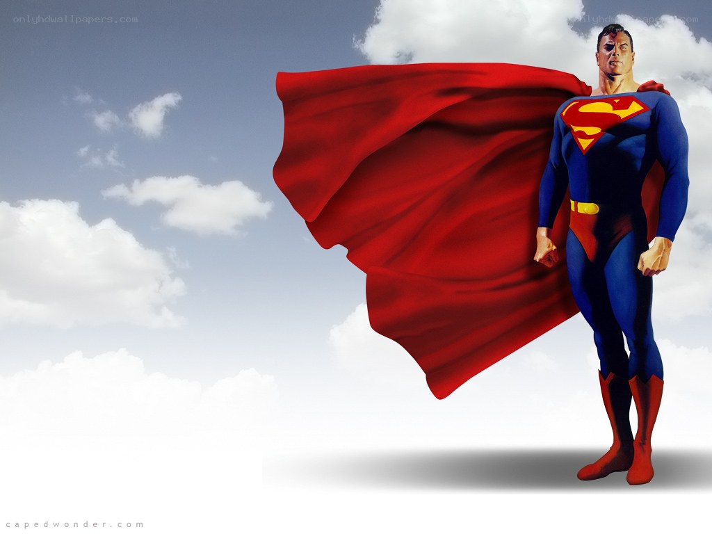 Superman stands in the sky