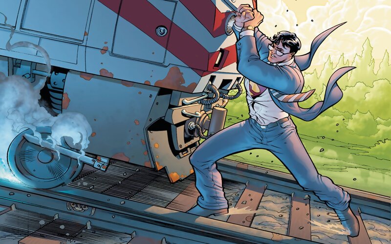 Superman stops a train