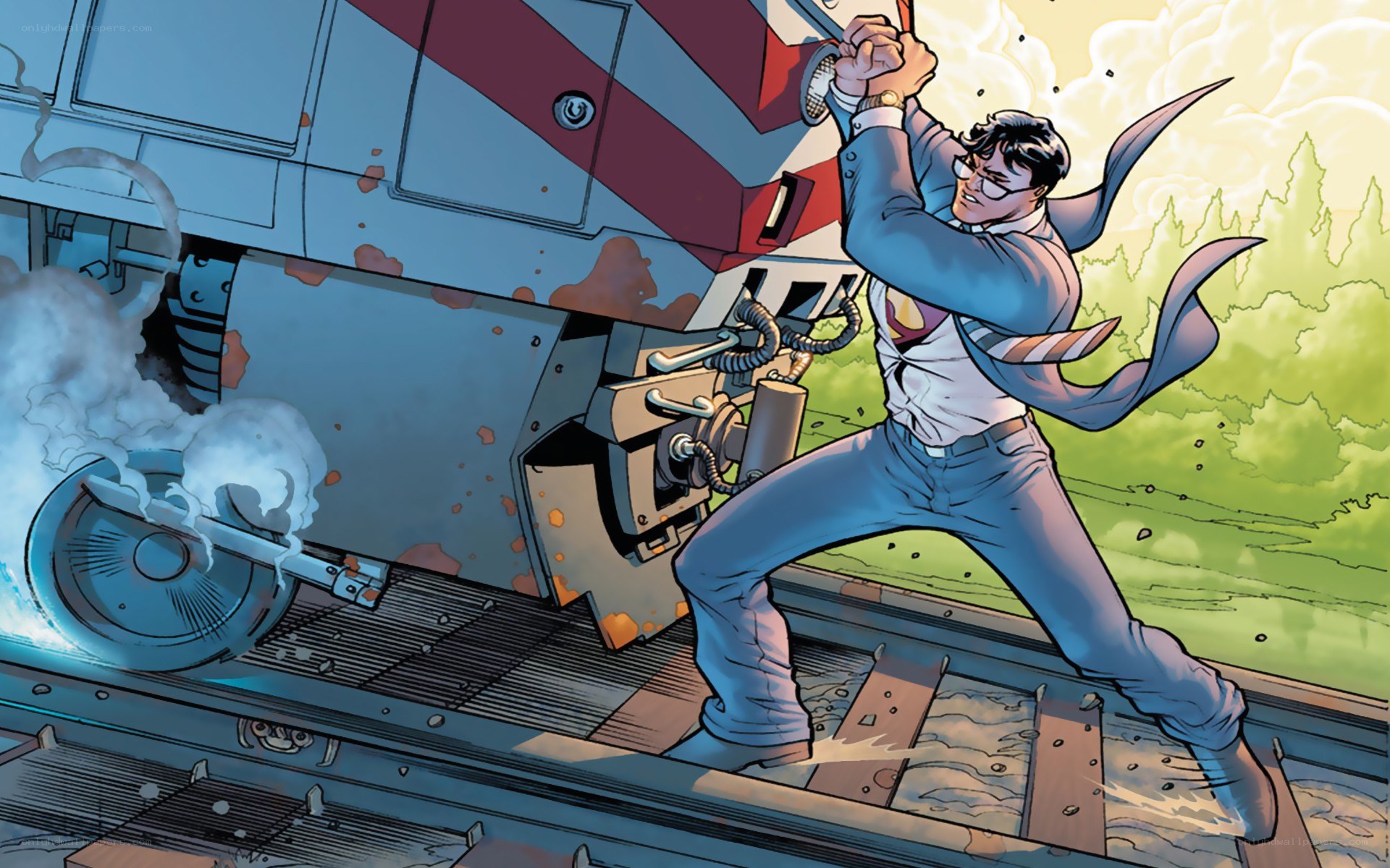 Superman stops a train