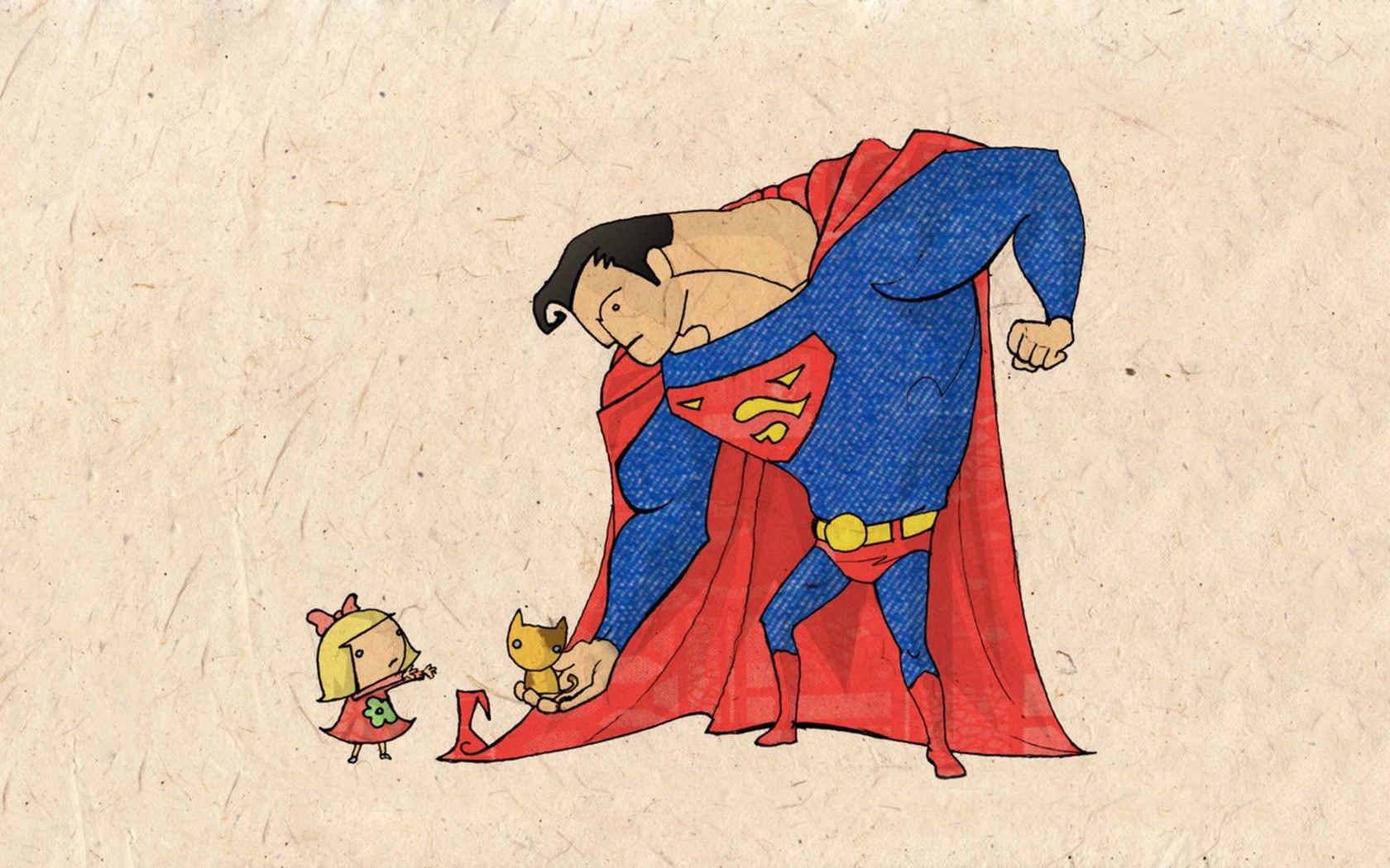Superman with child and cat