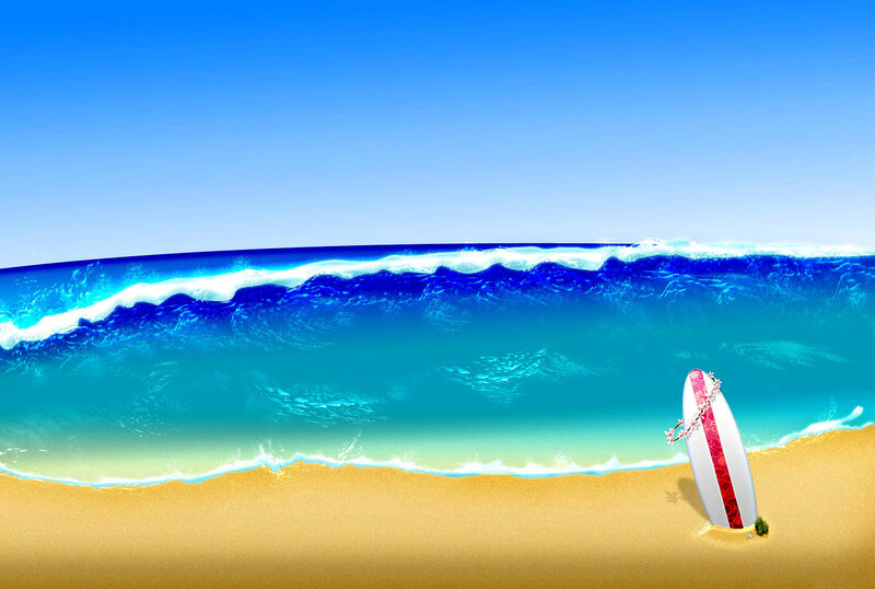 Surfboard on Beach — Blue, Serene, Afternoon, Digital Art