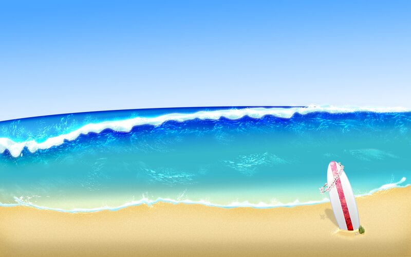 Surfboard on Beach — Blue, Serene, Afternoon, Digital Art, Waves