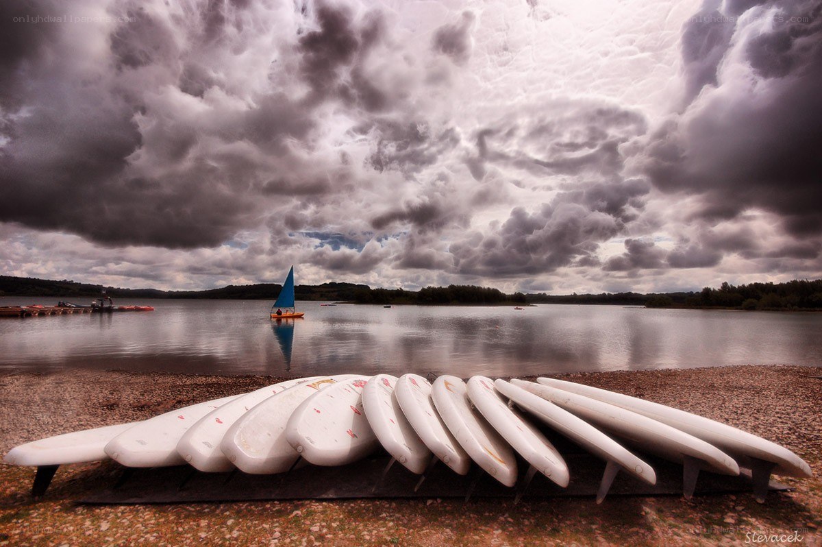 Surfboards on a stormy lake