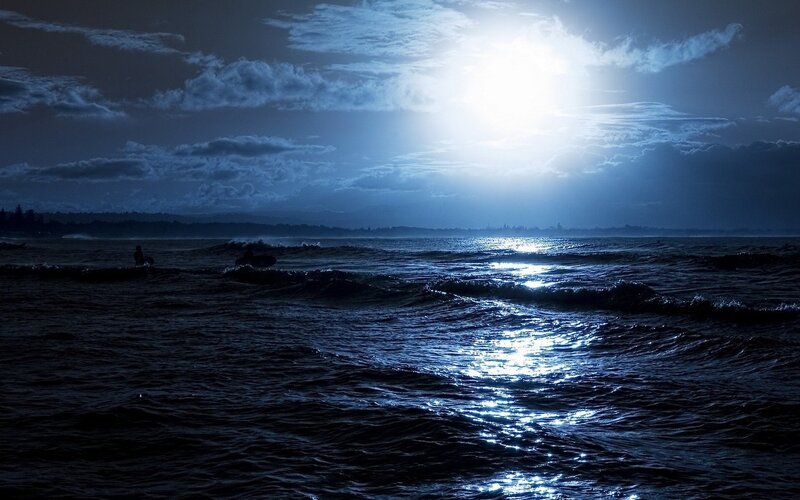 Surfer at Night — Blue, Dramatic, Photograph, Ocean