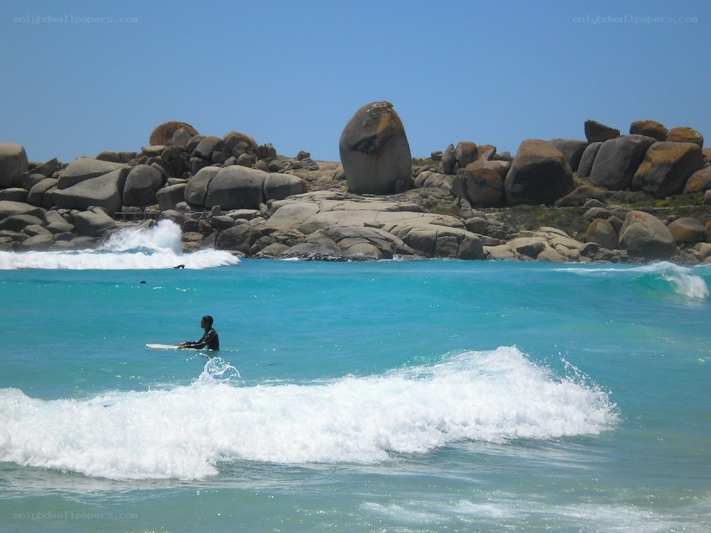 Surfer at rocky beach