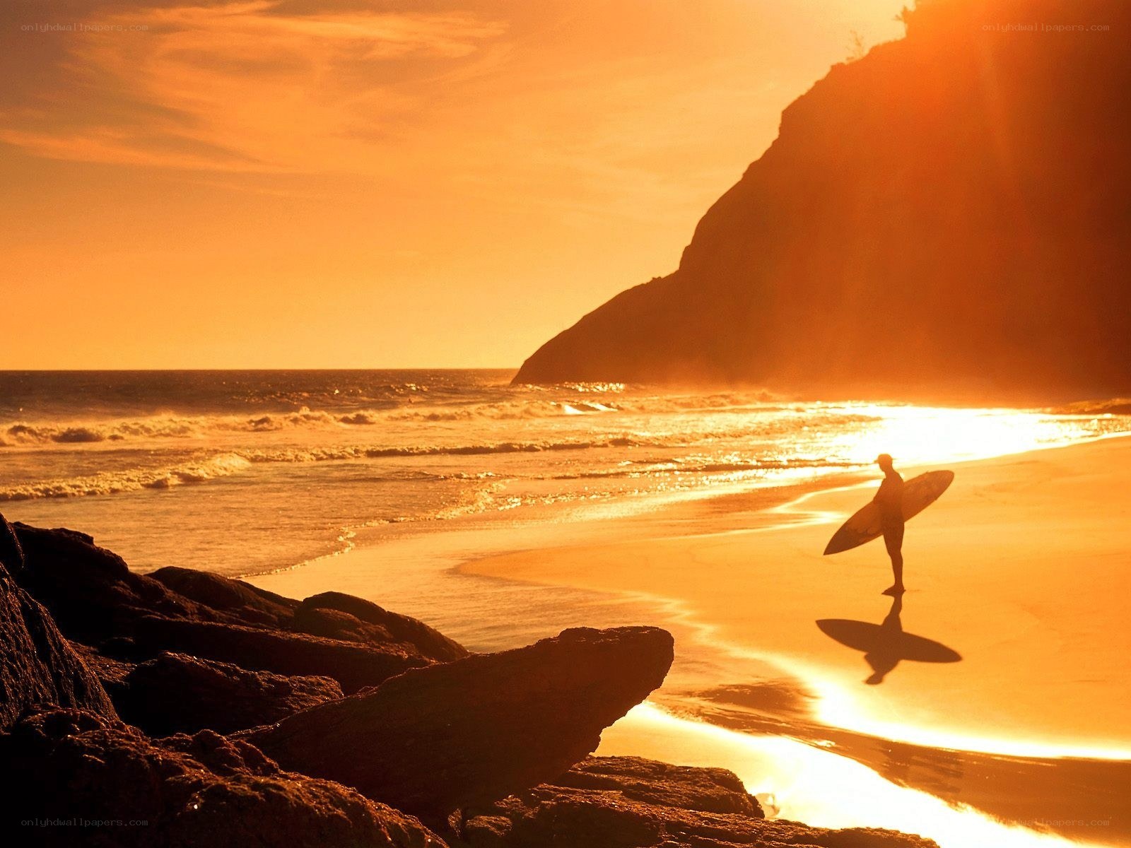 Surfer at sunset on the beach