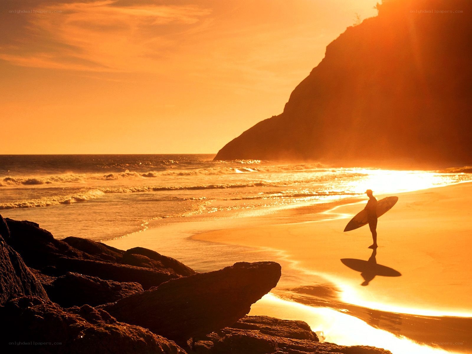 Surfer at sunset on the beach