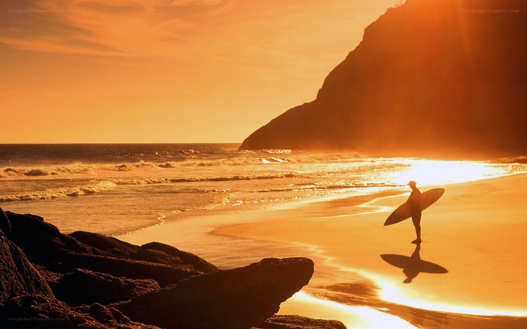 Surfer at sunset on the beach