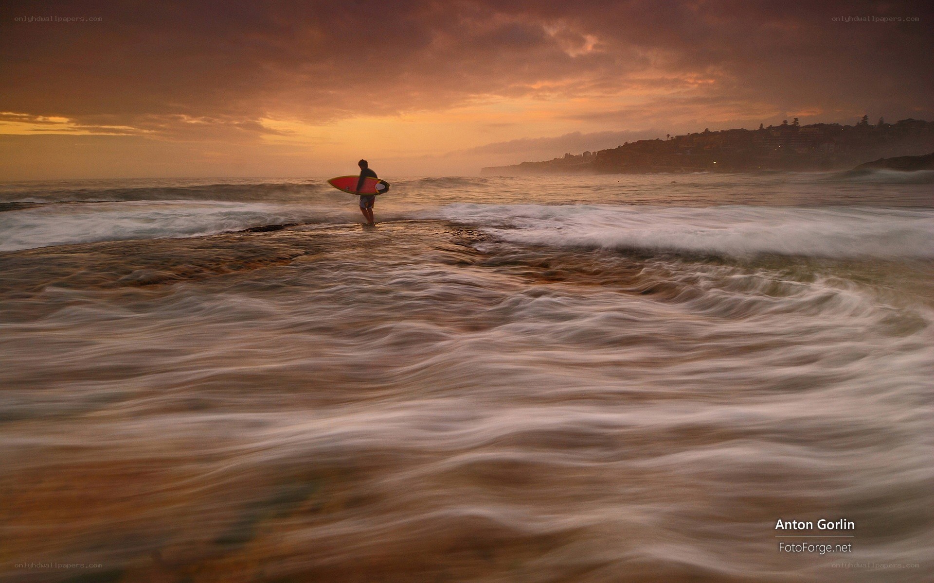 Surfer at sunset on the shore