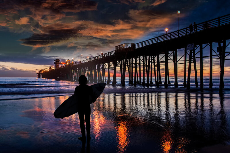 Surfer at Sunset — Orange, Dramatic, Photograph