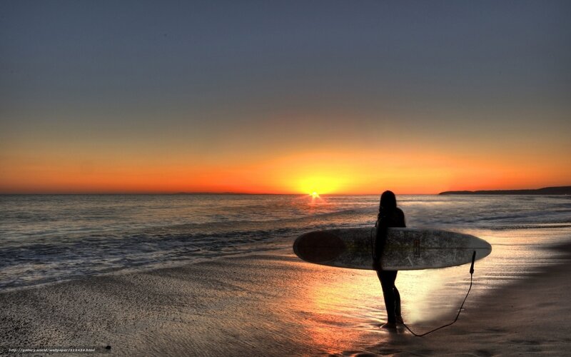 Surfer at Sunset — Orange, Serene, Photograph, Ocean, Beach