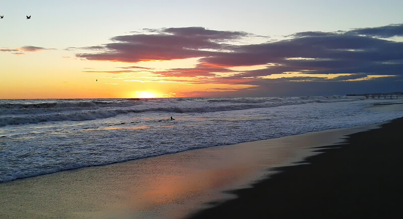 Surfer at Sunset — Orange, Serene, Photograph, Ocean, Sky