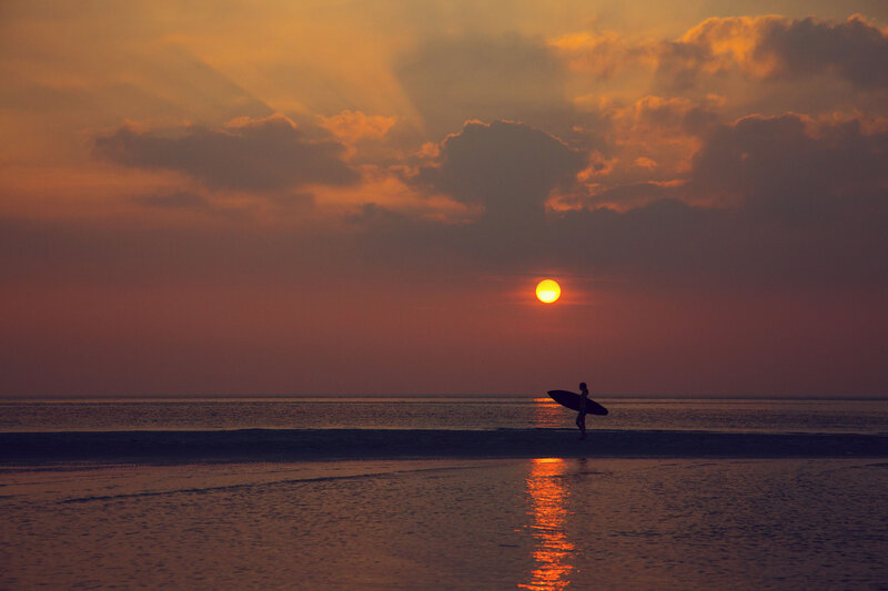 Surfer at Sunset — Orange, Serene, Photograph, Sun
