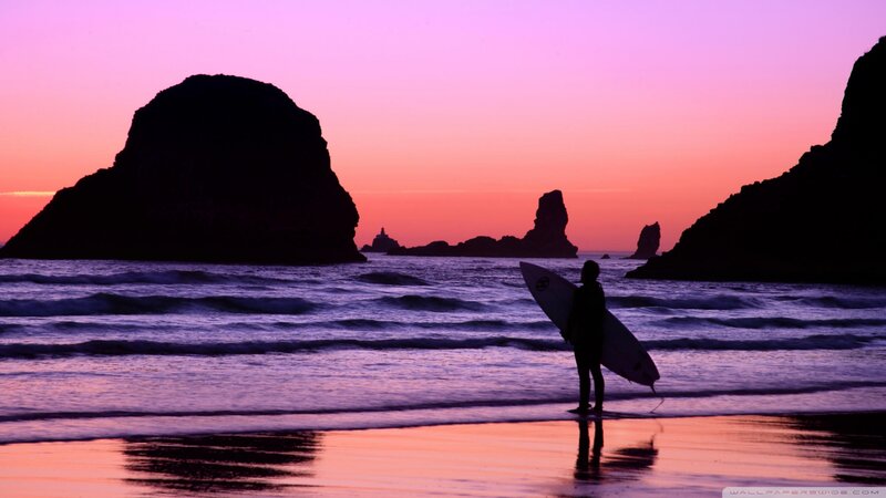 Surfer at Sunset — Purple, Serene, Photograph