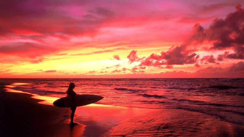 Surfer at Sunset — Red, Dramatic