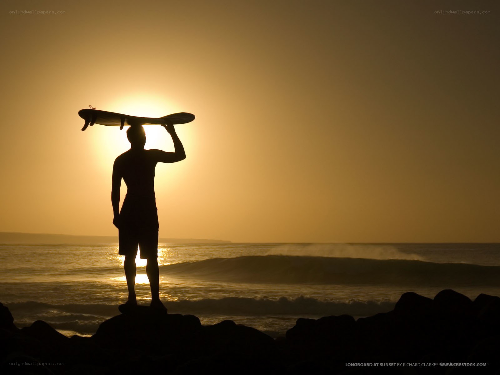 Surfer at sunset with longboard