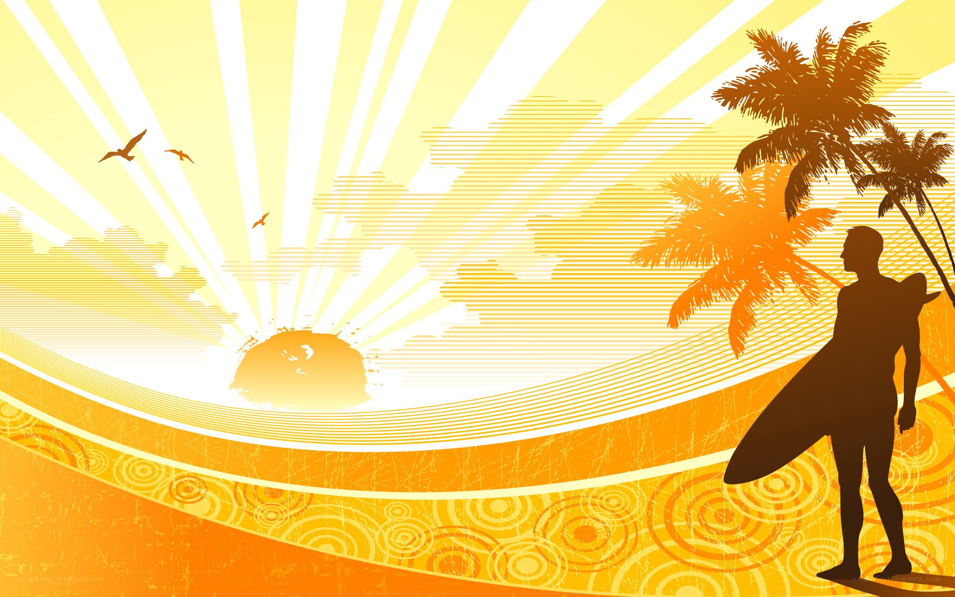 Surfer at sunset with palm trees