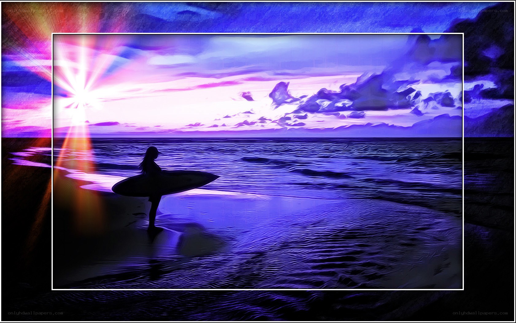 Surfer at sunset with vibrant sky