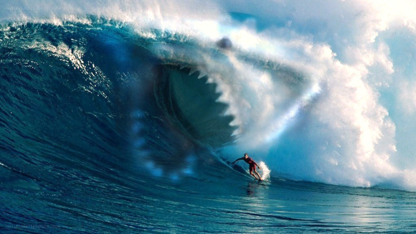 Surfer facing giant wave shark