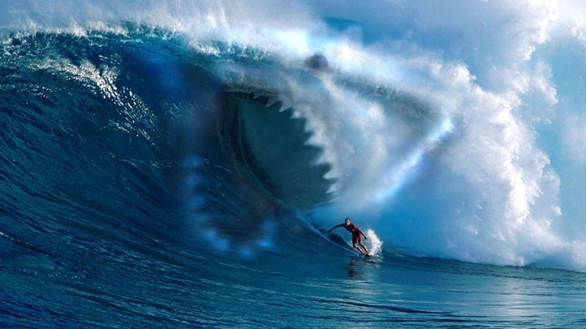 Surfer facing giant wave shark