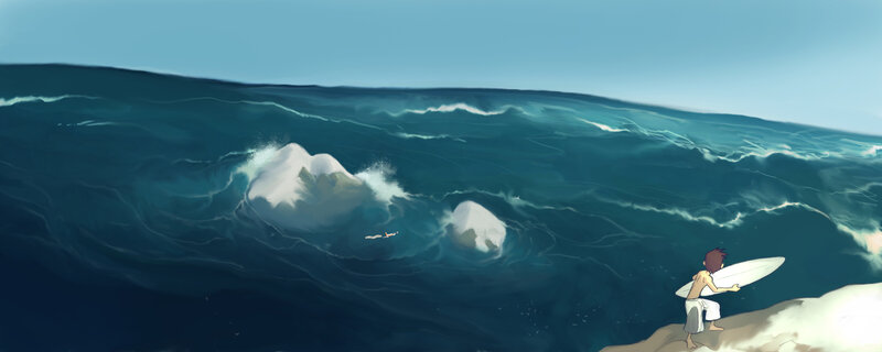 Surfer facing massive wave