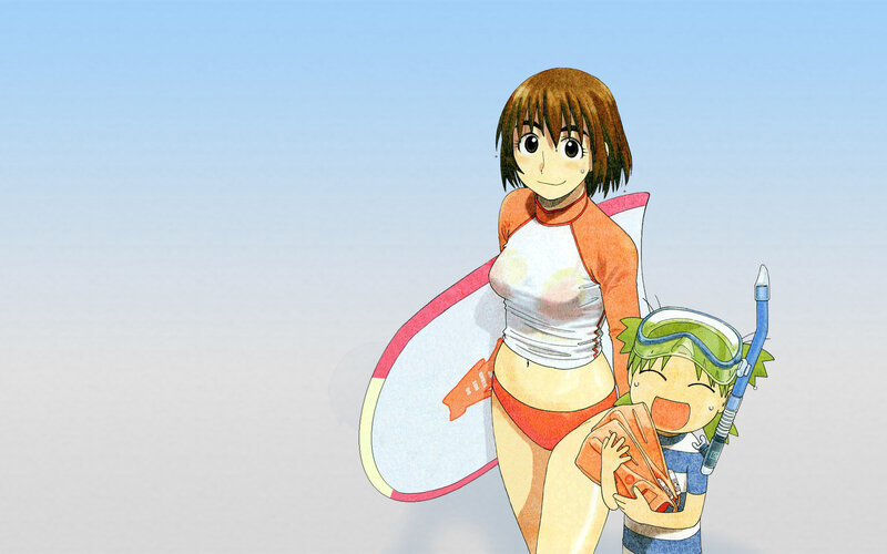 Surfer girl with child at beach