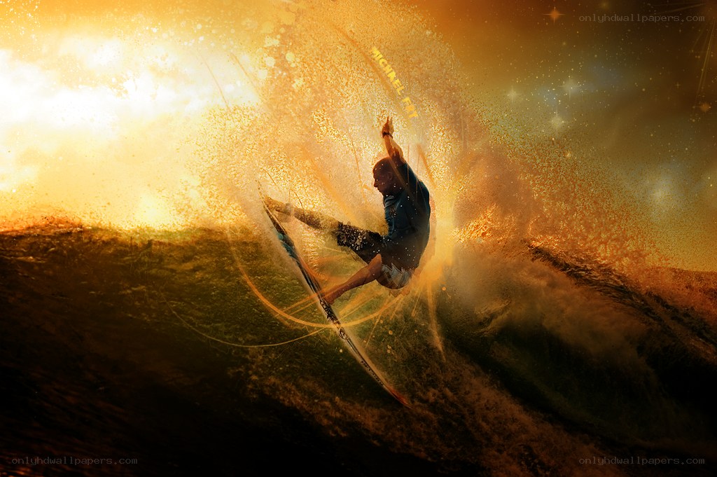 Surfer in golden wave