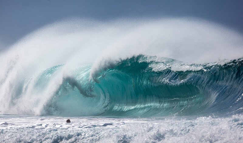 Surfer in Large Wave — Blue, Dramatic, Afternoon, Photograph, Ocean, Sky