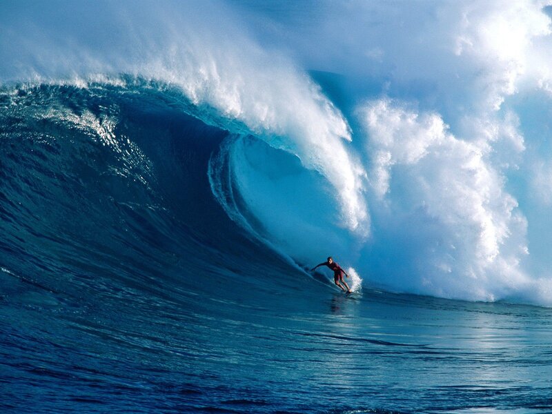 Surfer in Large Wave — Blue, Dramatic, Afternoon, Photograph, Ocean
