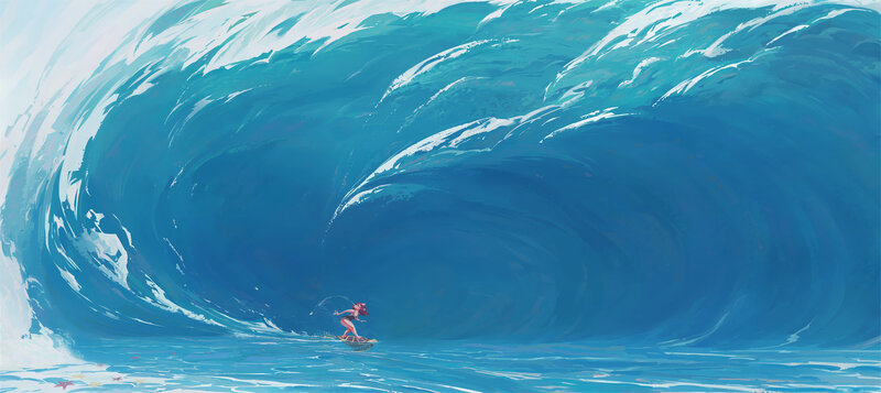 Surfer in Large Wave — Blue, Dramatic, Digital Art
