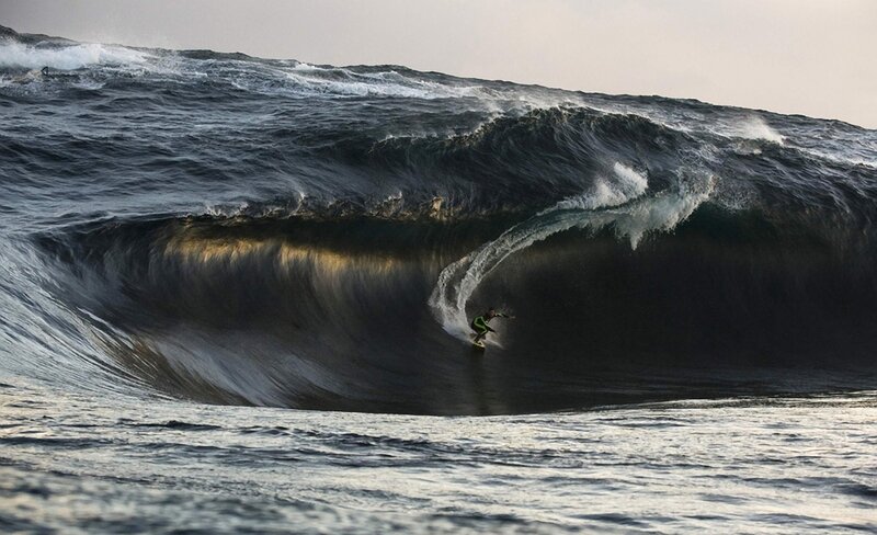 Surfer in Large Wave — Blue, Dramatic, Sunset, Photograph, Surfboard